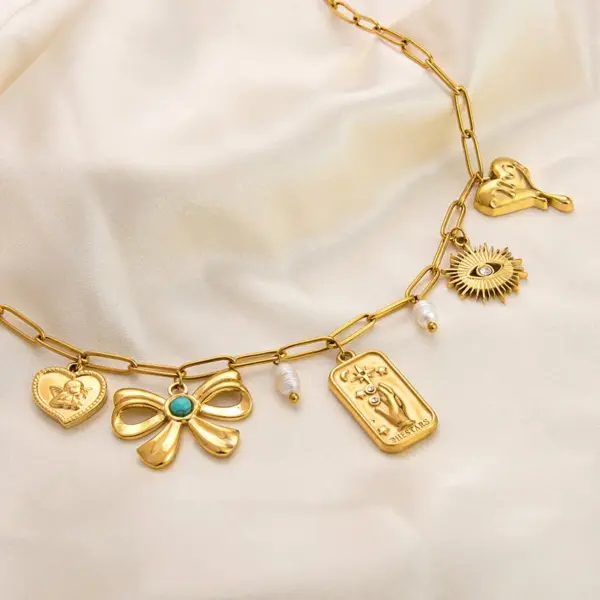 PVD Coated Real Gold Plated Devil's Eye Heart Shape Bow Knot Titanium Steel Classic Style Waterproof Non Tarnish Titanium Steel Lobster Trigger Clasp Closure Pendant Necklace