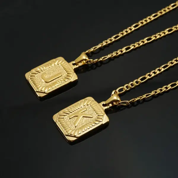 Wholesale PVD Coated 18K Gold Plated Letter Rectangle 304 Stainless Steel Titanium Steel Fashion Waterproof Non Tarnish 304 Stainless Steel Pendant Necklace