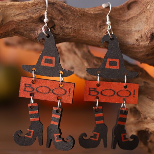 Wholesale Cross-border New Halloween Gothic Wind Witch Hat Boots BOO Triple Stitching Pendant Wooden Double-sided Earrings