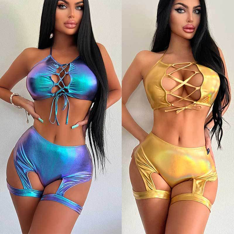 Wholesale Cross-Border Foreign Trade Electronic Music Festival Split Set Sexy Hollow Camisole Laser Bronzing Leg Ring Shorts Two-Piece Set