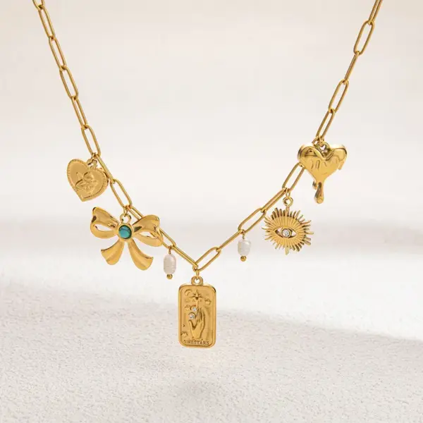 PVD Coated Real Gold Plated Devil's Eye Heart Shape Bow Knot Titanium Steel Classic Style Waterproof Non Tarnish Titanium Steel Lobster Trigger Clasp Closure Pendant Necklace