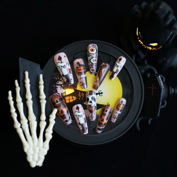 Wholesale Pumpkin long T false nail matte Halloween ghost candle wear nail tips