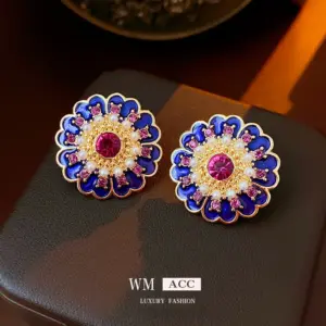 Silver Needle middle-ancient drop oil Diamond Pearl Flower Earrings