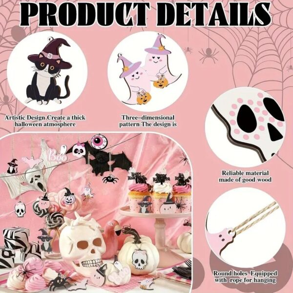 Wholesale 20Pcs Halloween Wooden Hanging Ornaments Pink Black Skull Pumpkin Spider Cat Eyeball with Rope Party Supplies