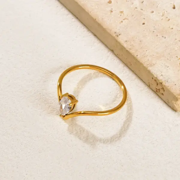 Wholesale 304 Stainless Steel Water Droplets PVD Coated Zircon 18K Real Gold Plated Simple Style Classic Style Waterproof Non Tarnish Inlay Gold Rings