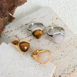 Wholesale 304 Stainless Steel Geometric PVD Coated Crystal Tiger Eye 18K Gold Plated Real Gold Plated Vintage Style Waterproof Non Tarnish Plating Inlay Rings