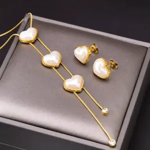 Wholesale Jewelry Elegant Heart Shape 304 Stainless Steel Artificial Pearls 18K Gold Plated Inlay Stainless Steel Jewelry Sets