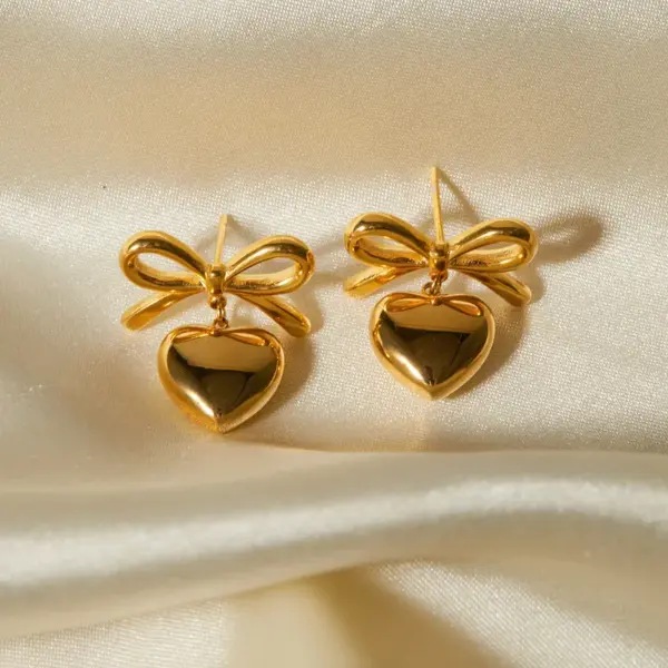 Wholesale 1 Pair Elegant Simple Style Heart Shape Bow Knot Plating 304 Stainless Steel 18K Gold Plated Drop Earrings