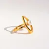Women's Copper Brass Geometric Abstract Curve Pearl Rings Brass Jewelry