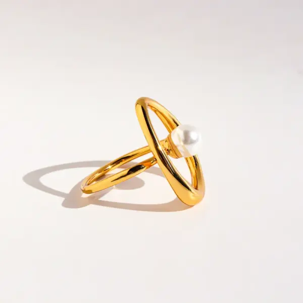 Women's Copper Brass Geometric Abstract Curve Pearl Rings Brass Jewelry