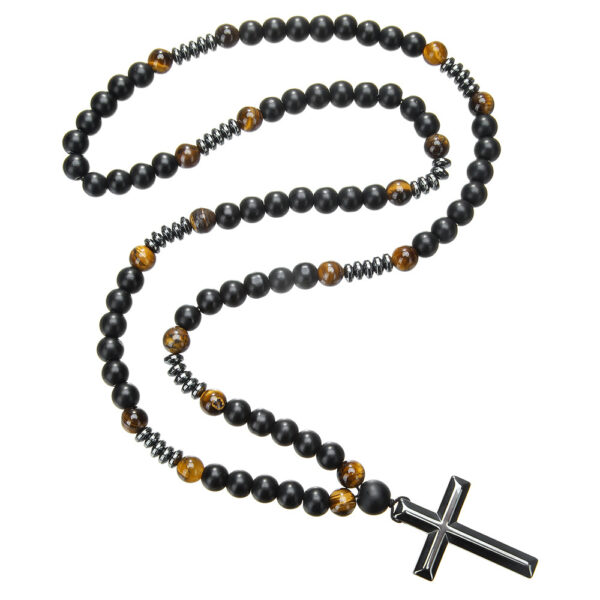Wholesale Cross border hot sale natural stone black stone yellow tiger eye iron stone cross religious men's necklace men hip hop necklace