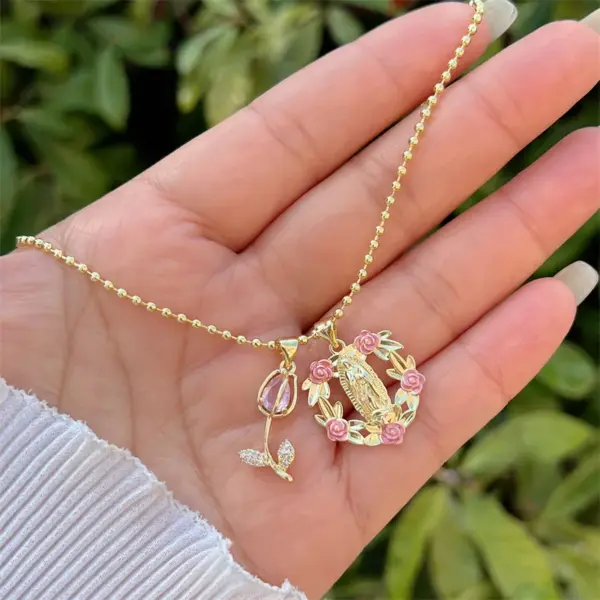 Wholesale Jewelry Retro Classic Style Cross Virgin Mary Copper Zircon 18K Gold Plated Pendant Necklace Ball Chain