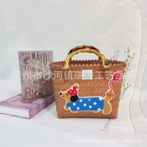 Brown bamboo handle basket with balloon dachshund