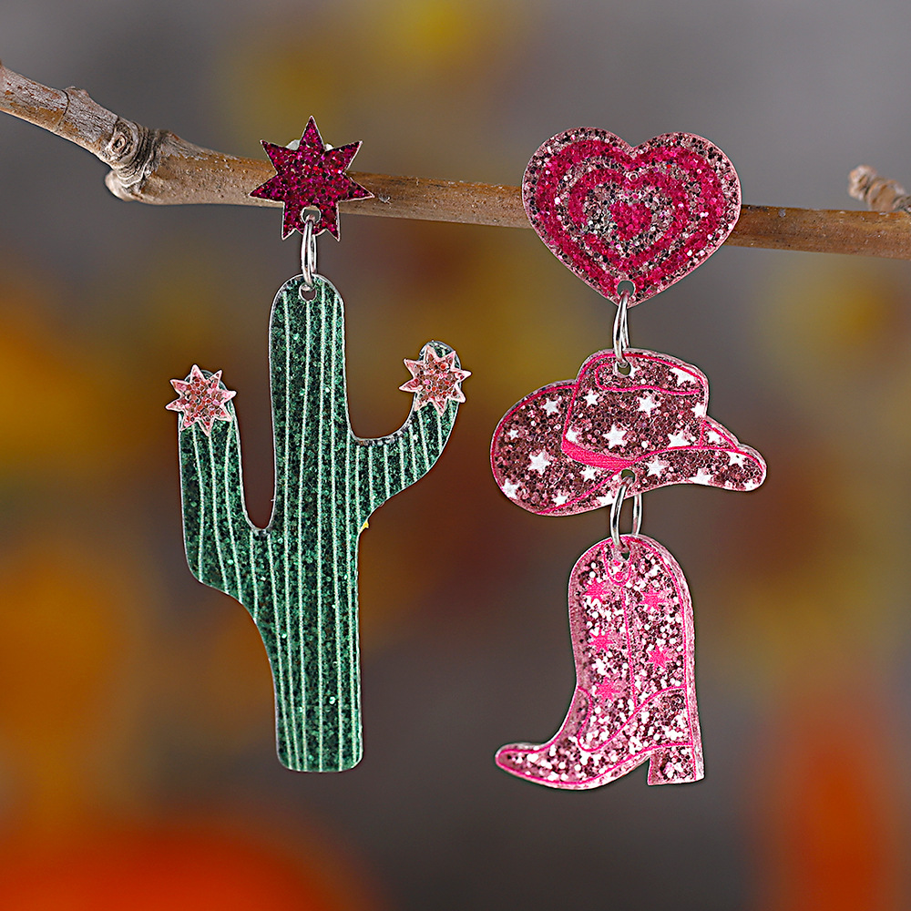 Wholesale Cross-border New Western Style Cactus Denim Hat Boots Sequin Acrylic Pendant Earrings Asymmetric Earrings