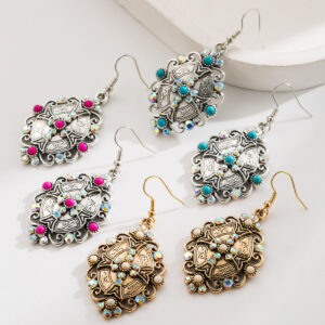 Wholesale Retro-style turquoise inlaid geometric cross earrings for women