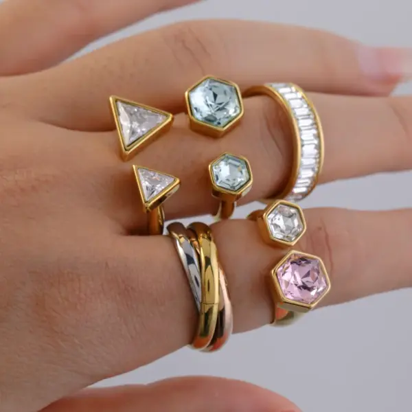 Wholesale Elegant Open Ring Stainless Steel Plated 18K Gold Set With Zirconia Triangle Rhombus Design Casual Versatile Jewelry Accessory