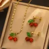 Wholesale 304 Stainless Steel Plastic Cherry Fruit Ion Plating (IP) 18K Gold Plated Cute Sweet Waterproof Non Tarnish Plating O-shaped Chain Box Chain Gold Earrings Necklace Jewelry Set