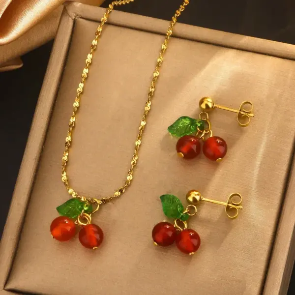 Wholesale 304 Stainless Steel Plastic Cherry Fruit Ion Plating (IP) 18K Gold Plated Cute Sweet Waterproof Non Tarnish Plating O-shaped Chain Box Chain Gold Earrings Necklace Jewelry Set