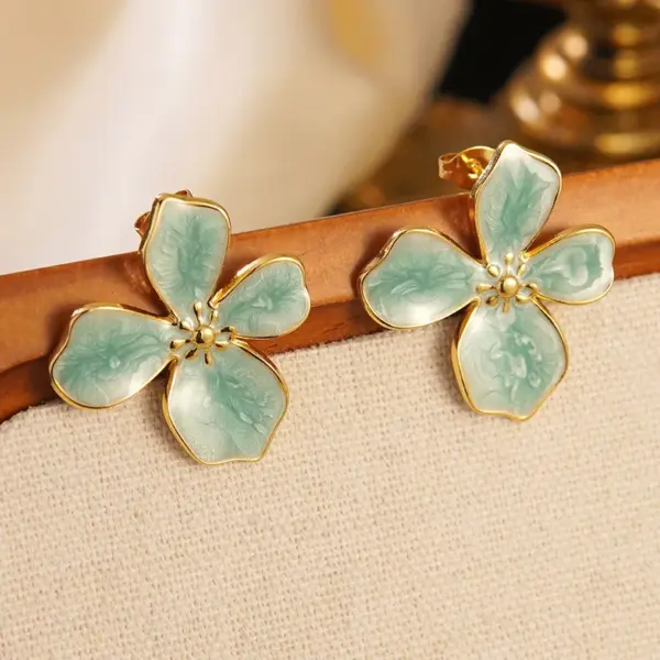 304 Stainless Steel Plastic Flower Electroplating Imitation Gold Elegant Princess Enamel Gold Ear Studs
