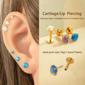 Wholesale 1 Piece Ear Cartilage Rings & Studs Simple Style Round 316L Stainless Steel Waterproof Non Tarnish Surgical Steel October Birthstone Opal 18K Gold Plated Ear Cartilage Rings & Studs