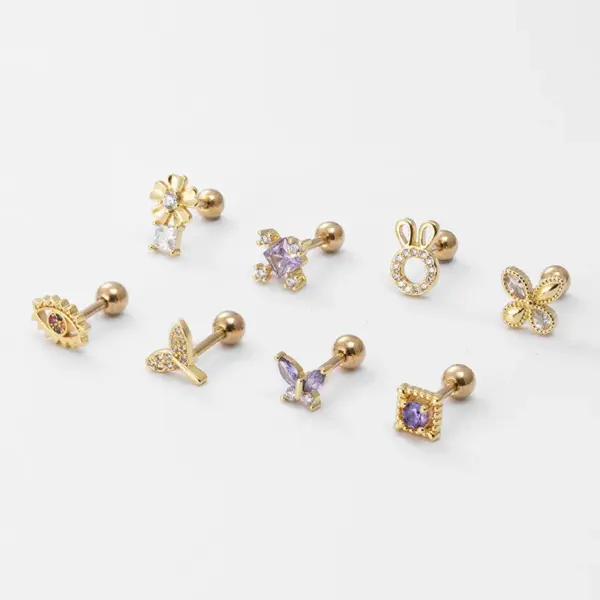 1 Piece 316L Stainless Steel Copper Zircon Ear Cartilage Rings & Studs Flower Butterfly Fish Tail Waterproof Non Tarnish Surgical Steel