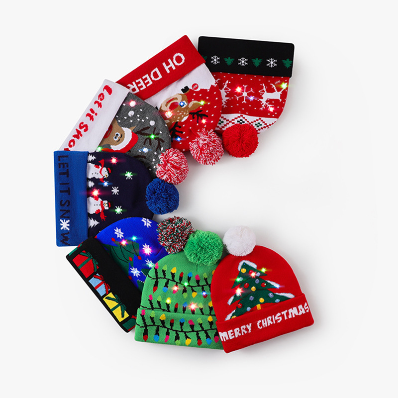 Wholesale Foreign Trade Cross-Border Hot-Selling Led Christmas Hats, Luminous Christmas Decoration Woolen Hats, Lanterns, Party Knitted Hats