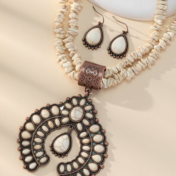 Wholesale New Retro Round Flower Turquoise Pendant Ethnic Style Alloy Geometric Earrings Necklace Jewelry Set