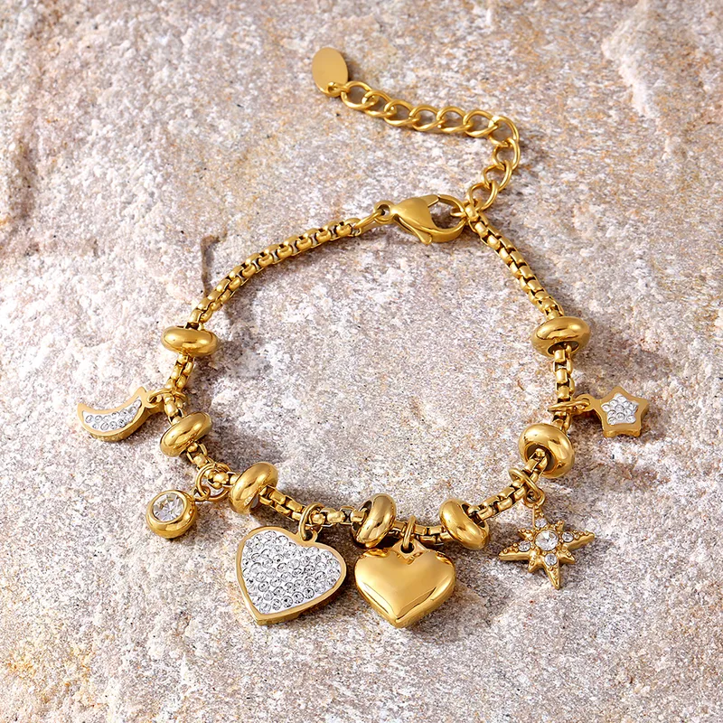 Wholesale PVD Coated Real Gold Plated 18K Gold Heart Shape 304 Stainless Steel Elegant Waterproof Non Tarnish 304 Stainless Steel Bracelets