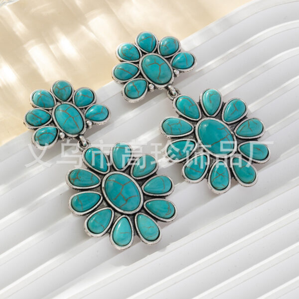 Wholesale European and American Hot Double Flower Design Classic Elegant Elegant Bohemian Turquoise Alloy Drop Earrings