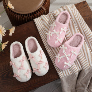 Wholesale Ins Popular Korean Style Bow Cotton Slippers for Girls, Cute and Warm Home Fur Slippers, Factory Ready Stock