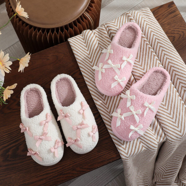 Wholesale Ins Popular Korean Style Bow Cotton Slippers for Girls, Cute and Warm Home Fur Slippers, Factory Ready Stock