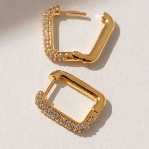 A Pair Brass Zircon Classic Geometric Hoop Earrings