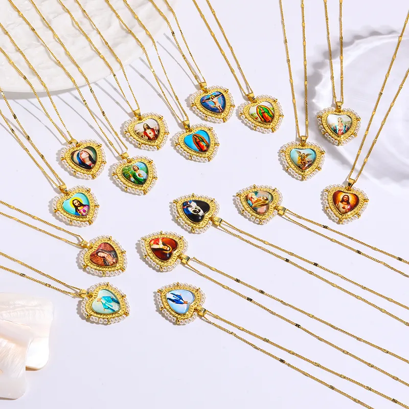Wholesale Color Retention Copper Plated 18K Pearl Imitation Heart Shaped Religious Pendant Necklace For Men And Women