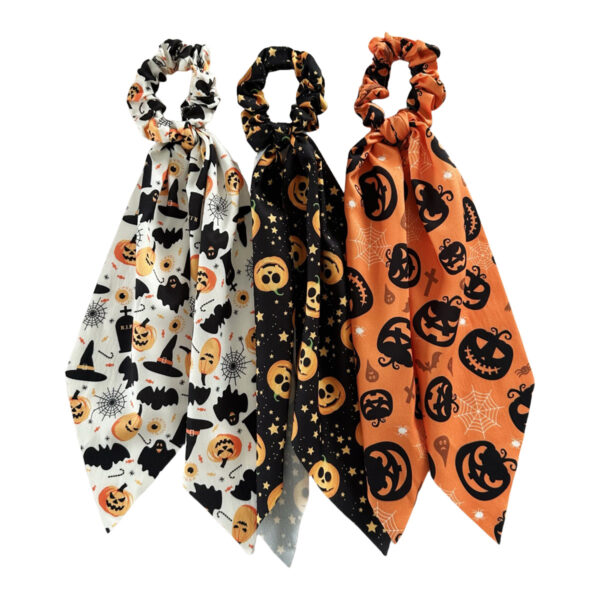 Wholesale Hot-selling Halloween ribbon hair tie, new style, funny pumpkin satin print, women's ponytail scrunchie hair accessory