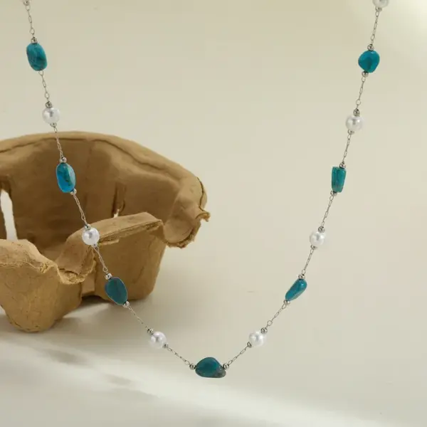 Wholesale Vacuum Electroplating (In Furnace) Plated 18K Real Gold Geometric Pattern Oval 304 Stainless Steel Imitation Pearl Natural Stone Elegant Romantic Lobster Clasp Necklace