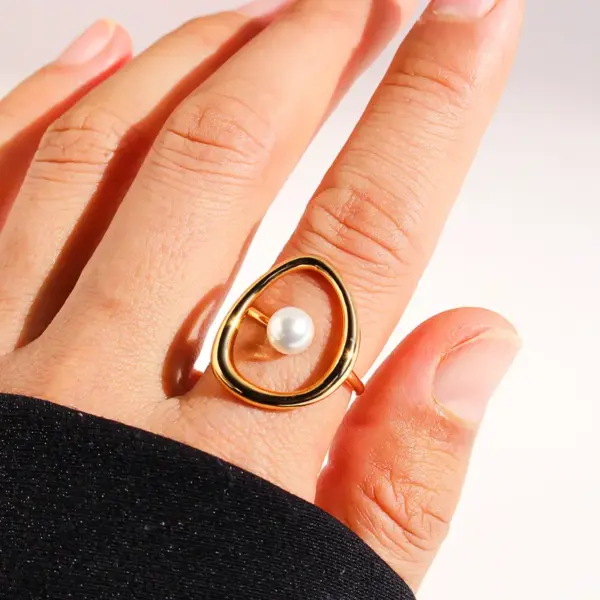Women's Copper Brass Geometric Abstract Curve Pearl Rings Brass Jewelry