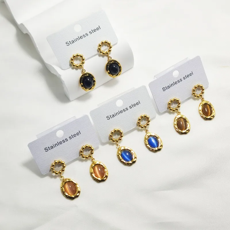 Wholesale 304 Stainless Steel Oval Electroplating Golden Plated Elegant Commute Waterproof Non Tarnish Gold Drop Earrings