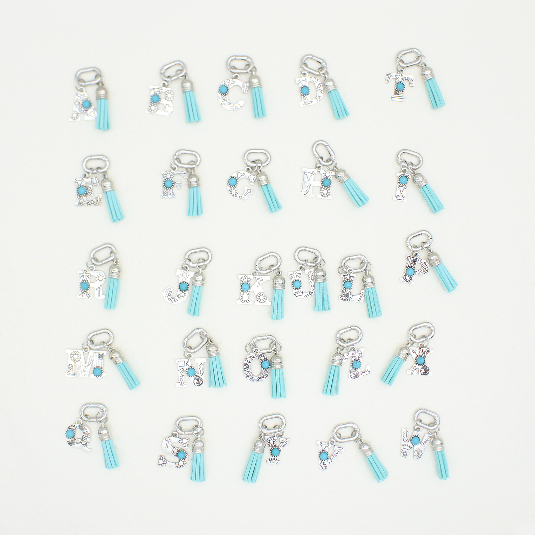 Wholesale New ethnic style turquoise 26 letter tassel shoe charm, bag pendant, jewelry wholesale, cross-border e-commerce, Xiaohongshu