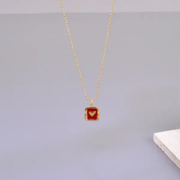 Wholesale 304 Stainless Steel Square Heart Shape PVD Coated Enamel 18K Real Gold Plated IG Style Waterproof Non Tarnish Enamel Ball Chain Lobster Trigger Clasp Closure Pendant Necklace