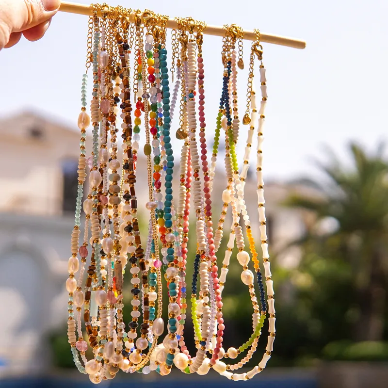 Wholesale Casual Simple Style Multicolor Natural Stone Freshwater Pearl Shell Beaded Handmade Plating Necklace