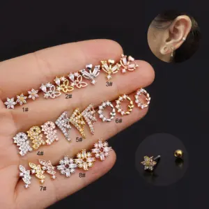 316L Stainless Steel Copper Zircon Ear Cartilage Rings & Studs Flower Waterproof Non Tarnish Surgical Steel Women'S