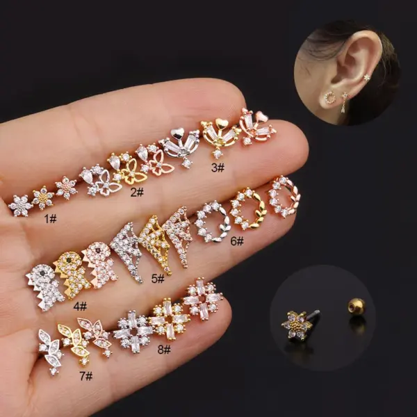 316L Stainless Steel Copper Zircon Ear Cartilage Rings & Studs Flower Waterproof Non Tarnish Surgical Steel Women'S