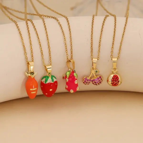 Wholesale Jewelry Cute Commute Fruit 304 Stainless Steel Copper Zircon 18K Gold Plated Inlay Pendant Necklace