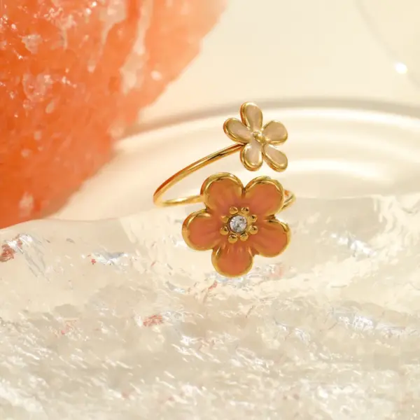 Wholesale Luxury Floral Stainless Steel Ring Colorful Drip Oil Inlaid Pearl Design Open Ring For Casual Holiday Daily Use Adjustable