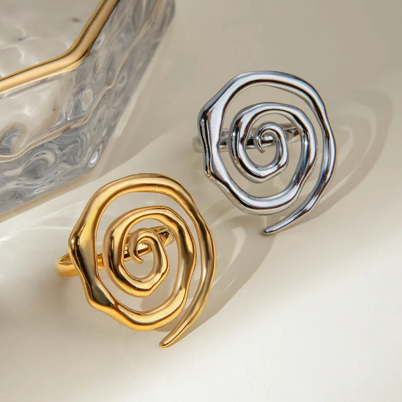 Wholesale 304 Stainless Steel Spiral Thread PVD Coated 18K Real Gold Plated Real Gold Plated IG Style Waterproof Non Tarnish Plating Gold Open Rings