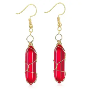 Gold Transparent Red Earrings / Wire-Wound Hexagon Prism Earrings