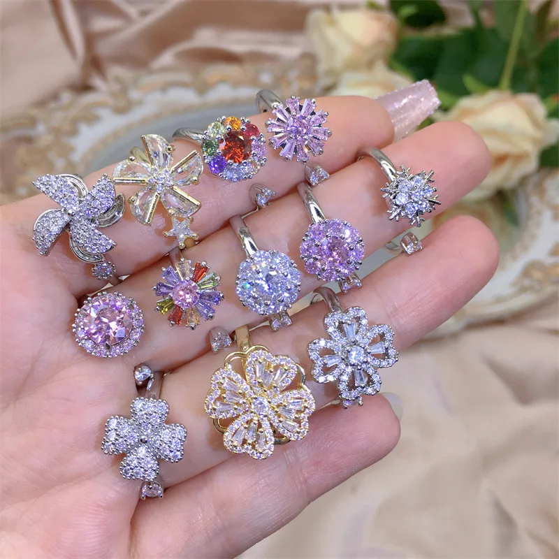 Wholesale Copper Plating Inlay Rabbit Four Leaf Clover Flower Zircon Copper Rings