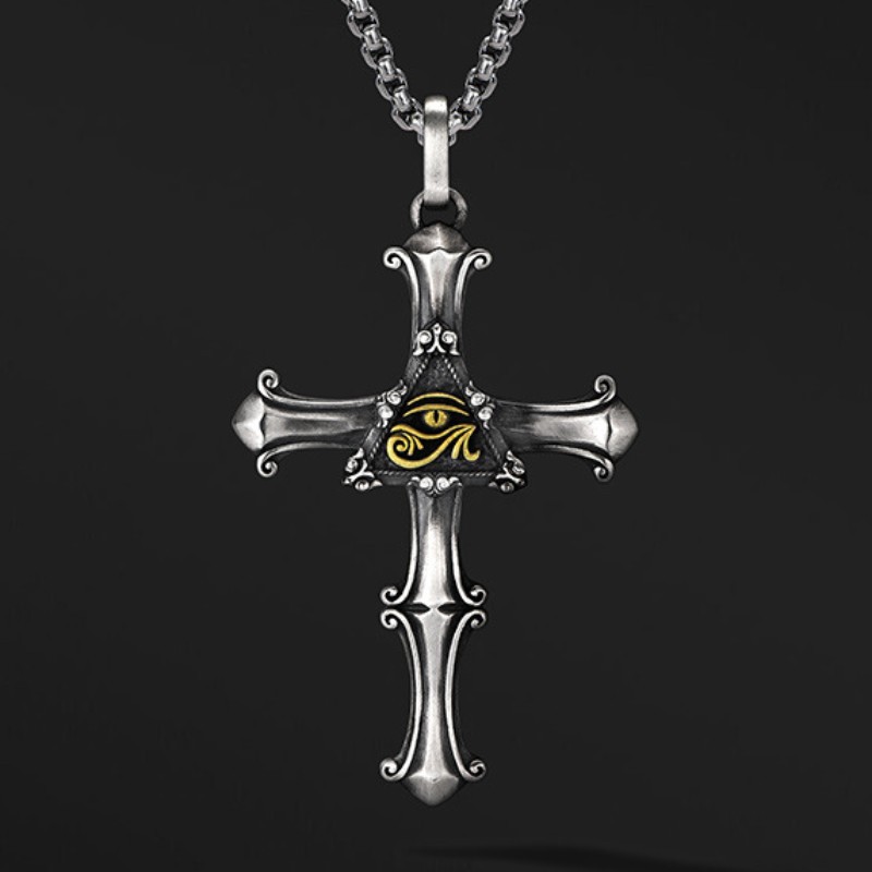 Wholesale Chiba European and American Horus Eye of God Thai sier cross necklace boys trendy retro high street personality pendant