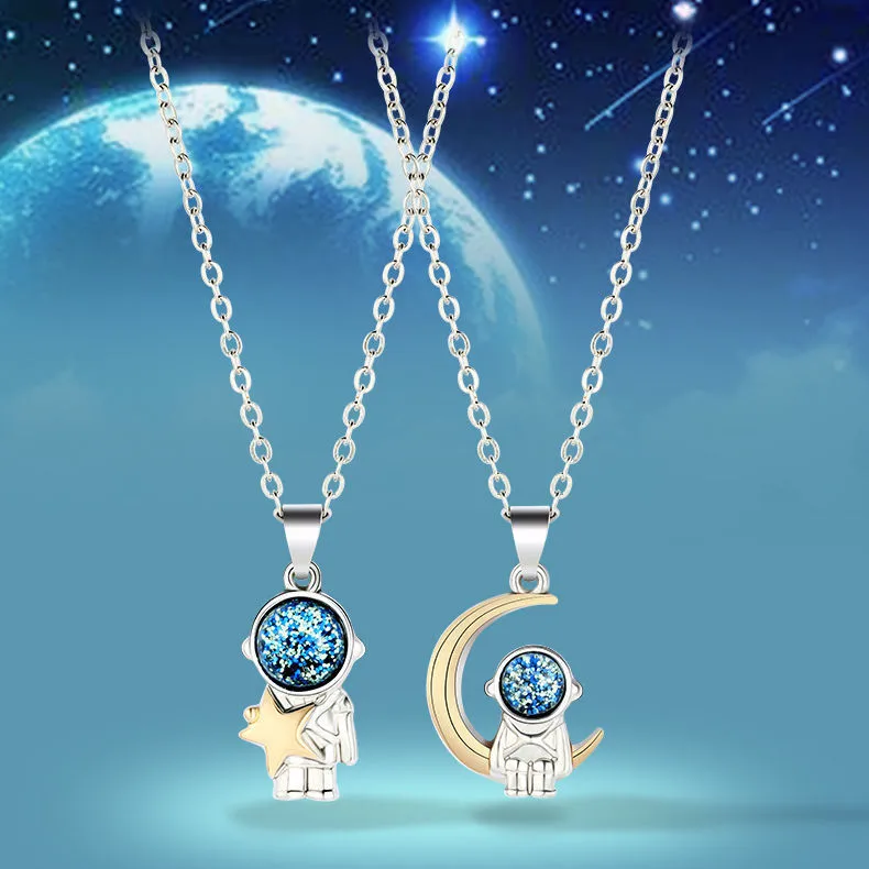 Wholesale Cartoon Style Astronaut Star Moon Titanium Steel Pendant Necklace