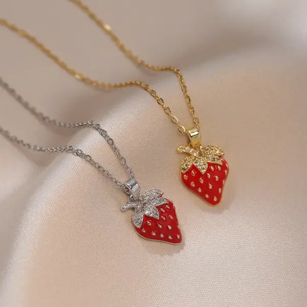 Wholesale Jewelry Sweet Fruit Titanium Steel Diamond Pendant Necklace